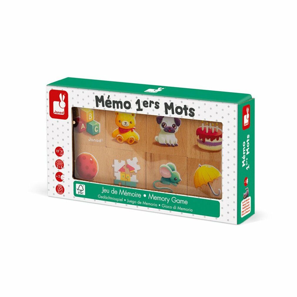 Memory-Spiel in grüner Verpackung. Enthält Karten mit farbigen Bildern. Text 'Mémo 1ers Mots'. FSC-Logo.