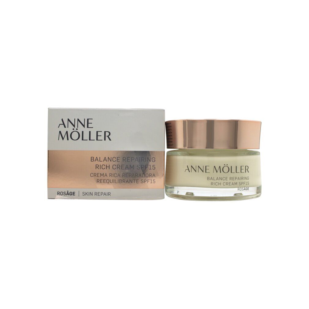 Creme-Glas mit Deckel und Verpackung. Text: Anne Möller, Balance Repairing Rich Cream SPF15, Rosâge.