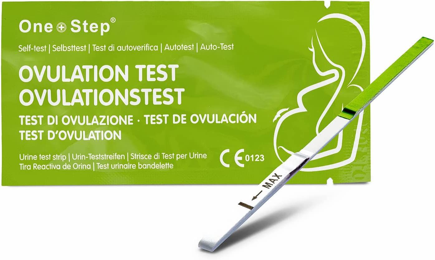 Ovulationstest-Verpackung und Teststreifen. Grün-weiß. Text: Ovulationstest, CE 0123. Streifen mit Markierung.