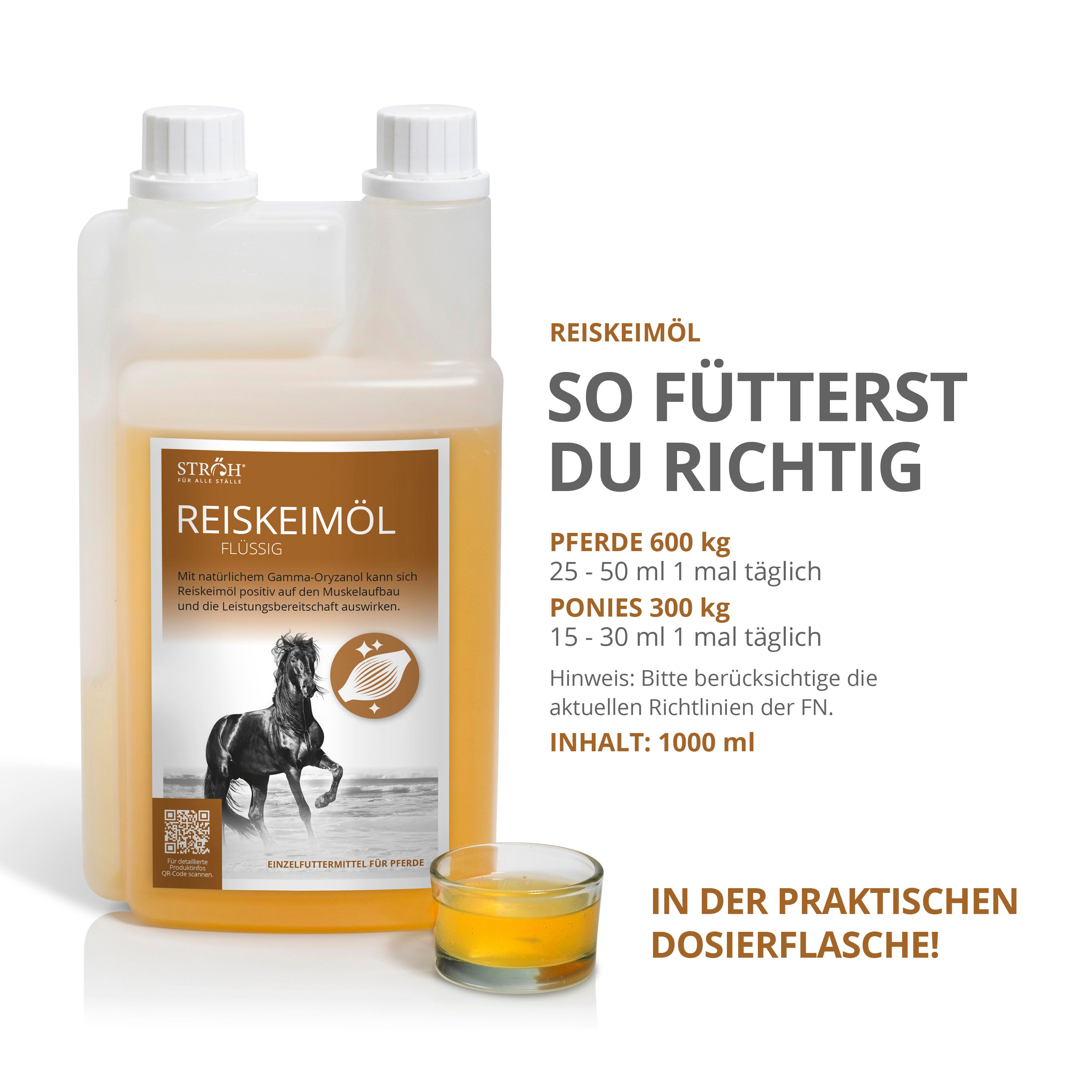 Reiskeimöl-Flasche mit Etikett und Produktbezeichnung. Kleines Glas mit Öl daneben. 1000 ml Angabe.