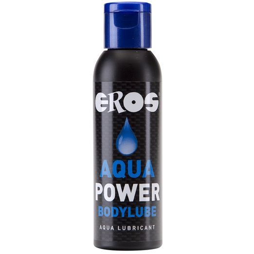 Schwarze Flasche mit blauem Deckel. Aufschrift: EROS, AQUA POWER BODYLUBE, AQUA LUBRICANT. Tropfensymbol.