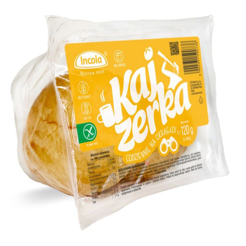 Verpackte Kaiserbrötchen. Gelbes Etikett mit Aufschrift „Kaiserka“ und „Gluten Free“. Incola-Logo. Gewicht: 120g. Glutenfrei-Zeichen.