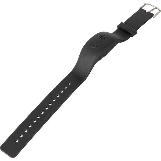Schwarzes Armband mit Schnalle und Bedienelementen. Zwei Knöpfe mit Symbolen. Das Band hat Löcher.