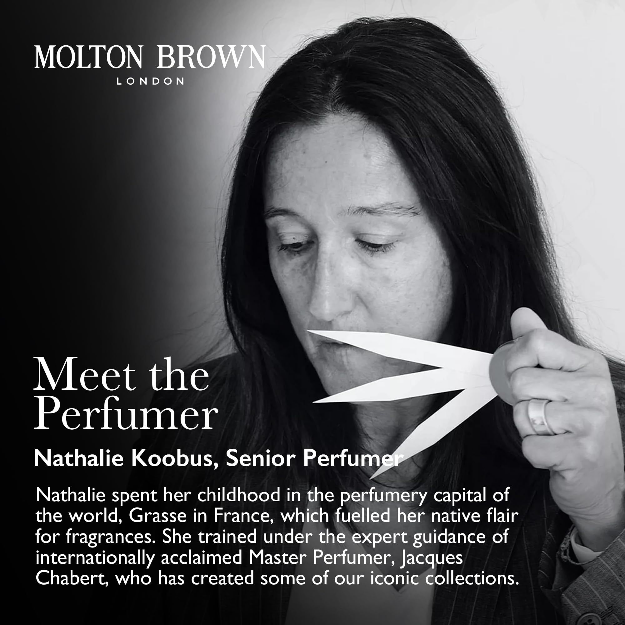 Porträt einer Frau, die an Duftstreifen riecht. Text: Meet the Perfumer, Nathalie Koobus, Senior Perfumer.