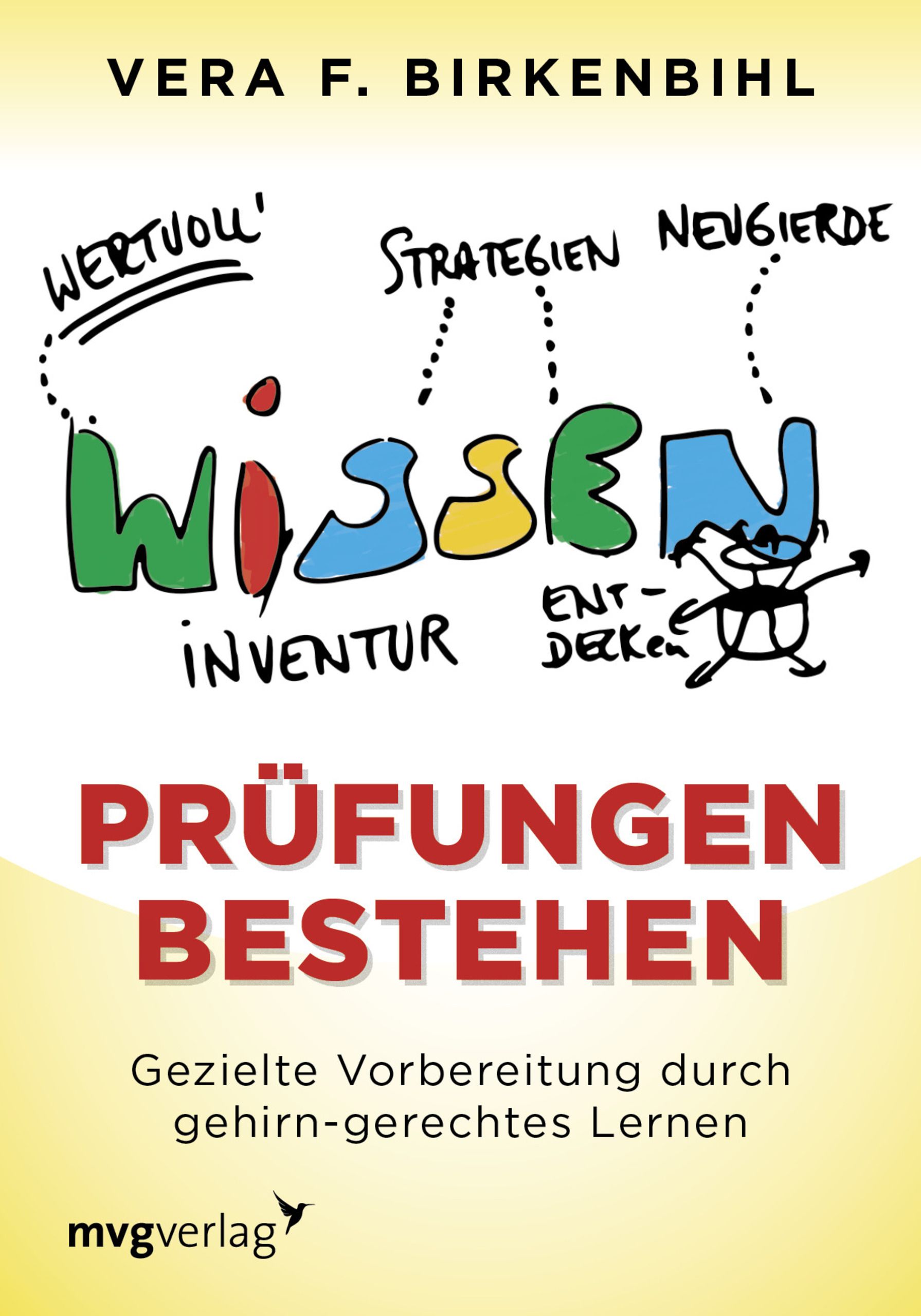 Buchcover mit Titel "Prüfungen bestehen". Autorin: Vera F. Birkenbihl. Verlag: mvgverlag. Gelber Hintergrund mit bunten Illustrationen.