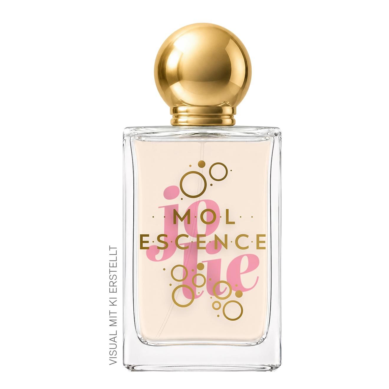 MolEscence Jolie EdP Parfümflakon mit goldenem Verschluss und rosa-goldener Schrift.