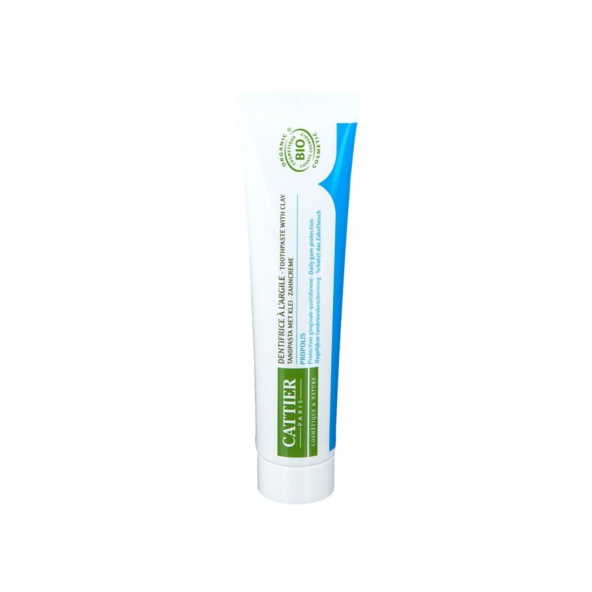 Zahncreme-Tube, weiß-blau. Text: CATTIER, Dentifrice à l'argile, BIO-Siegel.