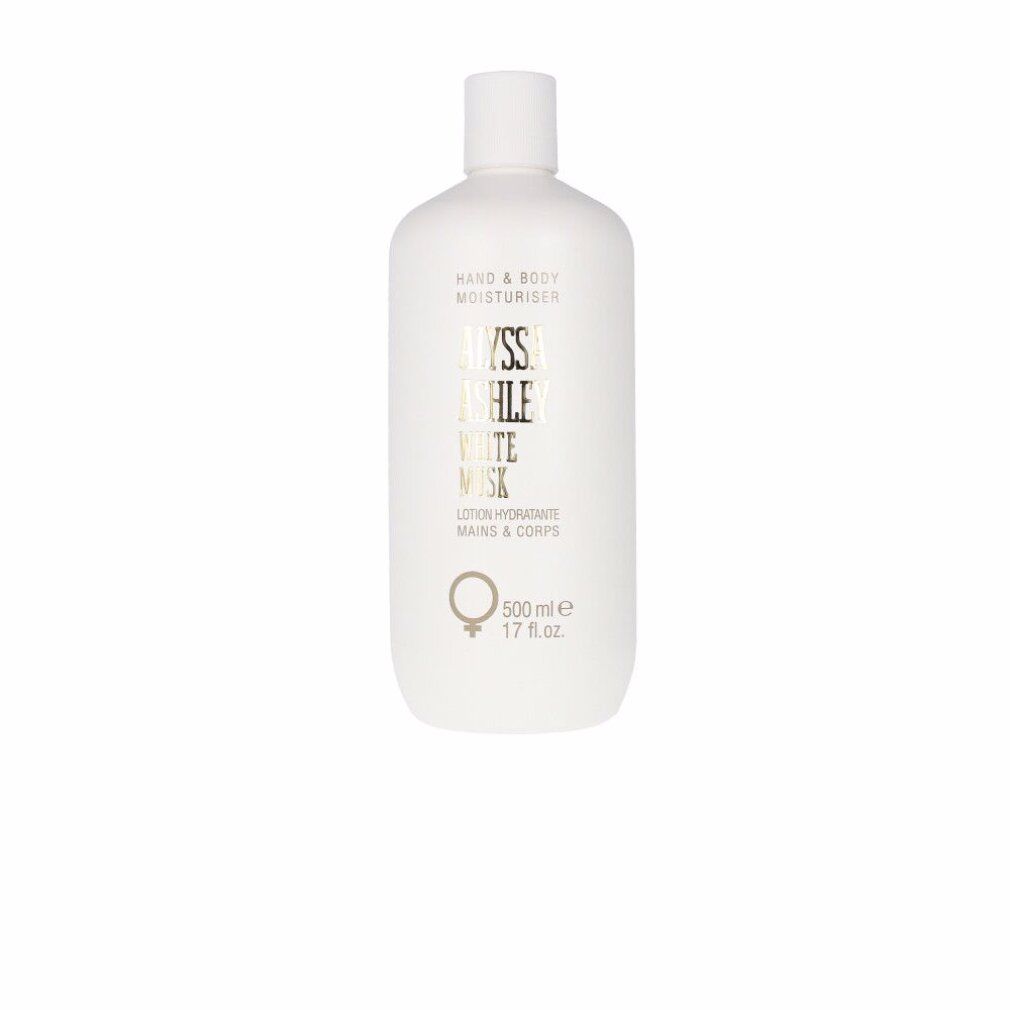 Weiße Flasche "Alyssa Ashley White Musk Hand & Body Moisturiser". 500 ml. Mit Deckel.