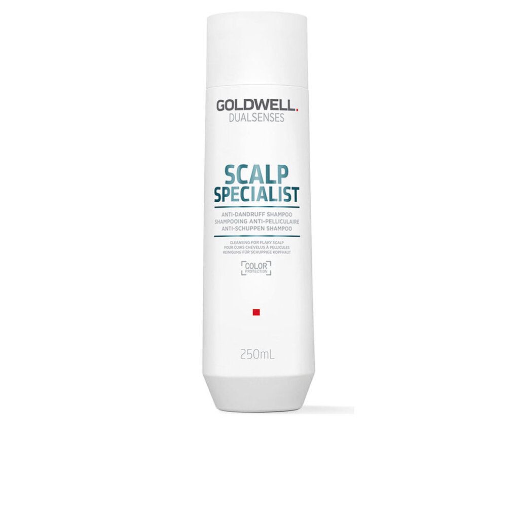 Weißes Shampoo mit Schriftzug SCALP SPECIALIST. Marke Goldwell. Flasche mit rotem Quadrat und 250ml.