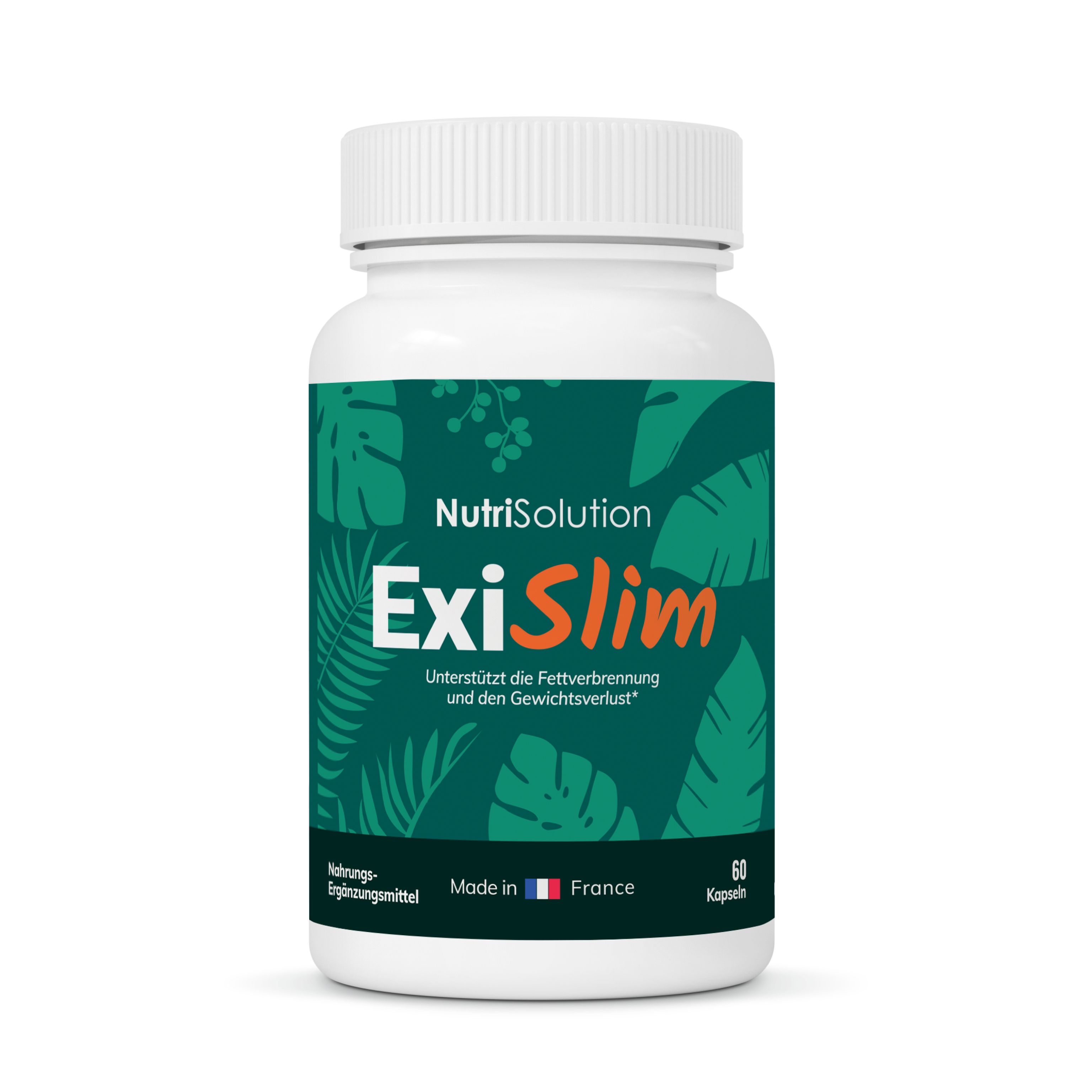 NutriSolution Exislim Kapselbehälter mit tropischem Blattmuster und 60 Kapseln.