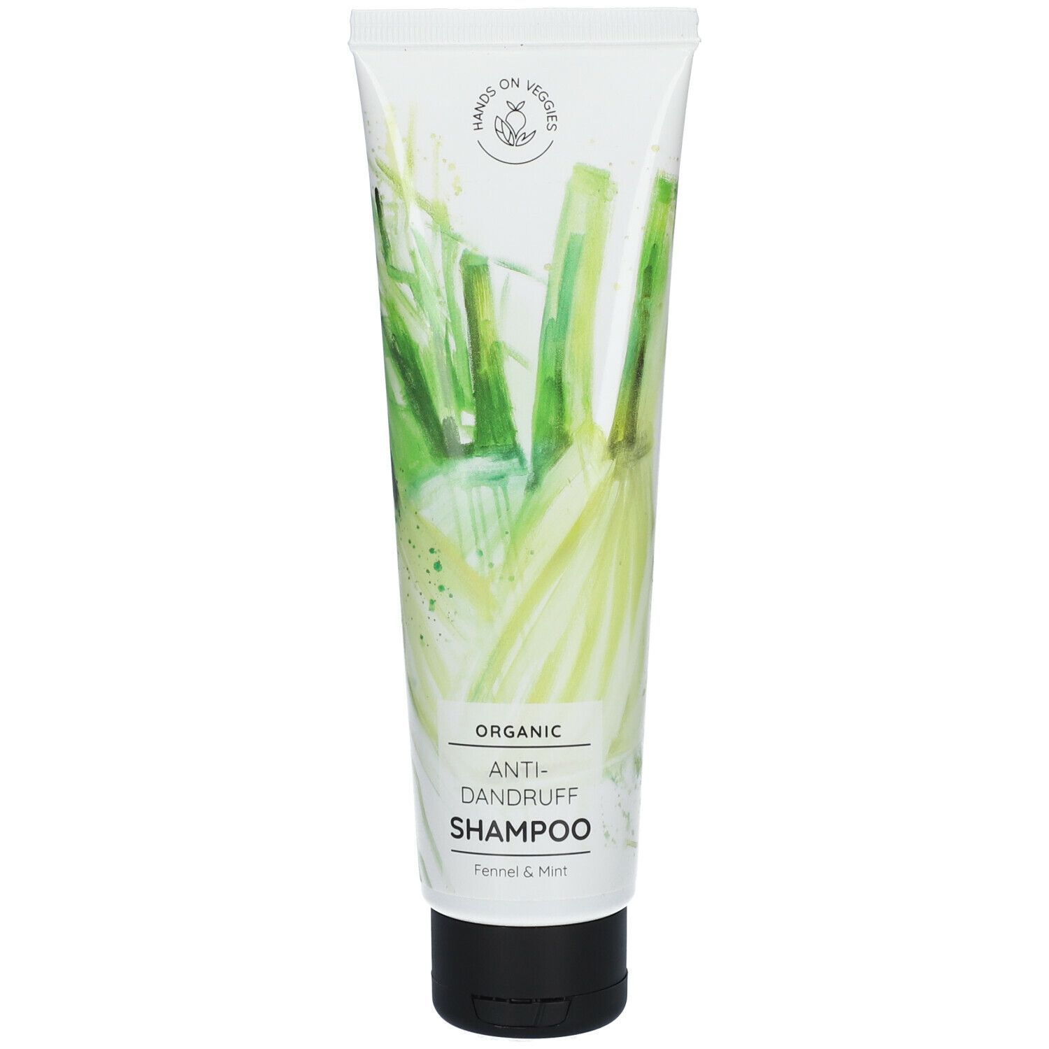 Shampoo-Tube mit Text und Illustrationen. Schwarzer Verschluss, weiße Tube mit grünen Elementen. Text: Anti-Schuppen Shampoo.