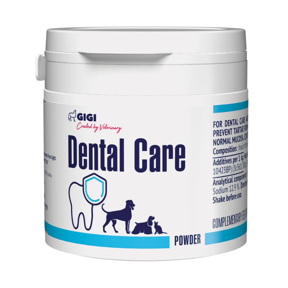Weiße Dose mit GIGI Dental Care Pulver. Logo, Produktname und Illustrationen von Hund und Katze. Text: Powder, Ergänzungsfuttermittel.