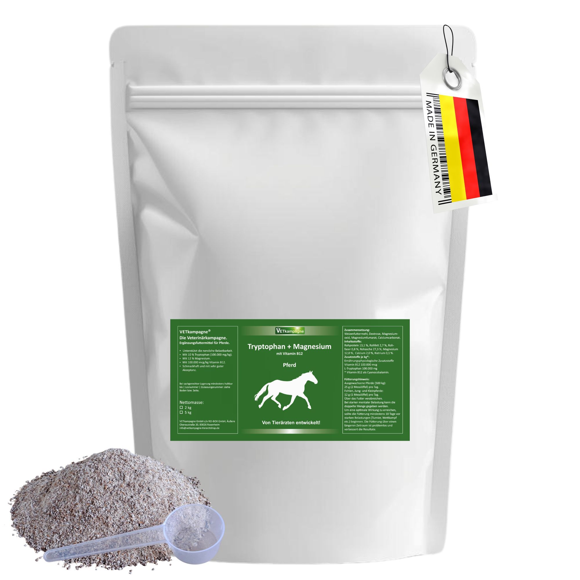 Beutel mit Produktetikett. Aufschrift: Tryptophan + Magnesium. Mit Pulver und Messlöffel. Anhänger: Made in Germany.