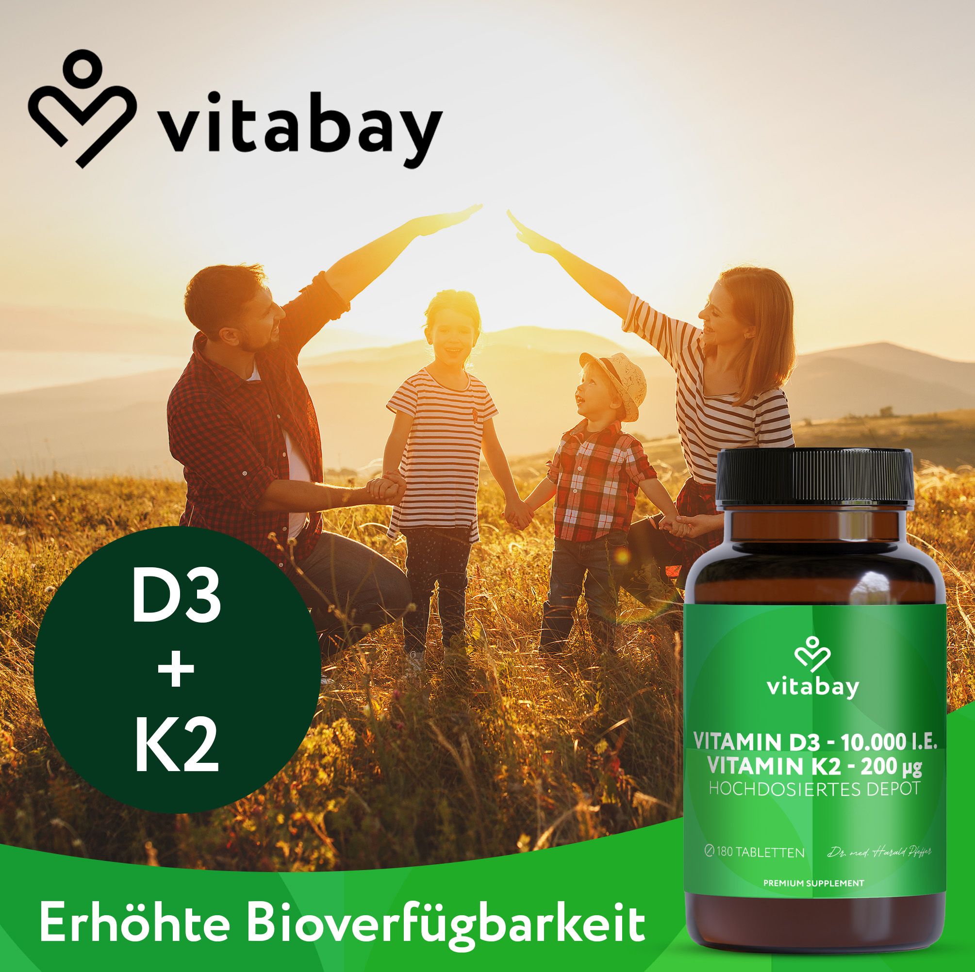 Familie unter dem Sonnenlicht. Vitabay D3 + K2 für erhöhte Bioverfügbarkeit.