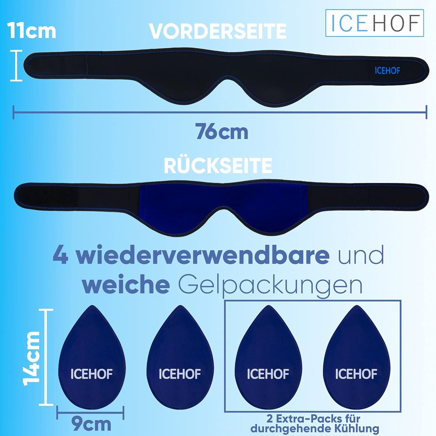 Abmessungen der ICEHOF Kühlbandage und vier Gel-Pads.