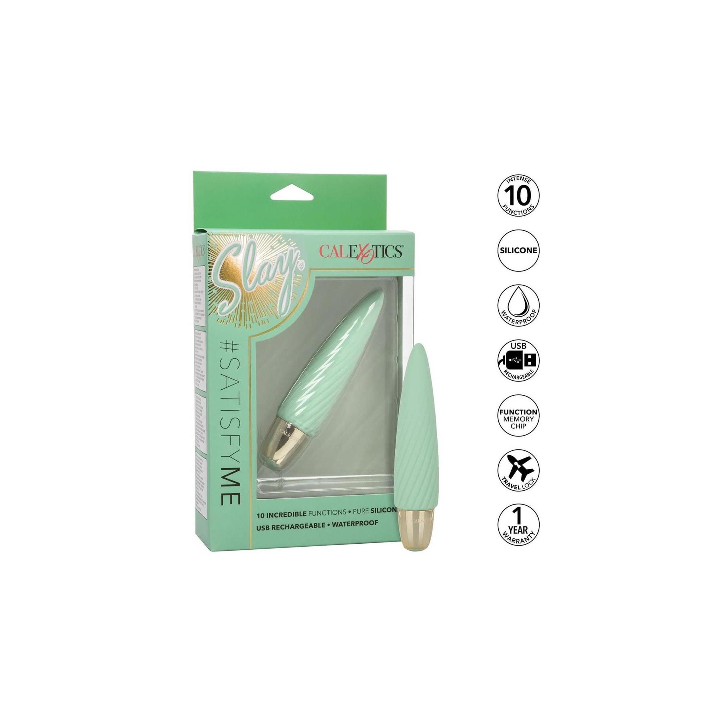 Minzfarbener Vibrator in Verpackung. Marke CalExotics. Text: Slay, #SATISFYME, 10 Funktionen, Pure Silicone, USB, wasserdicht. Symbole.