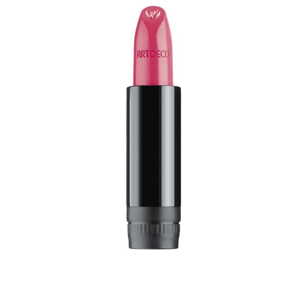 Artdeco Green Couture Lippenstift-Nachfüller. Schwarze Hülse, pinkfarbener Lippenstift. Marke sichtbar.
