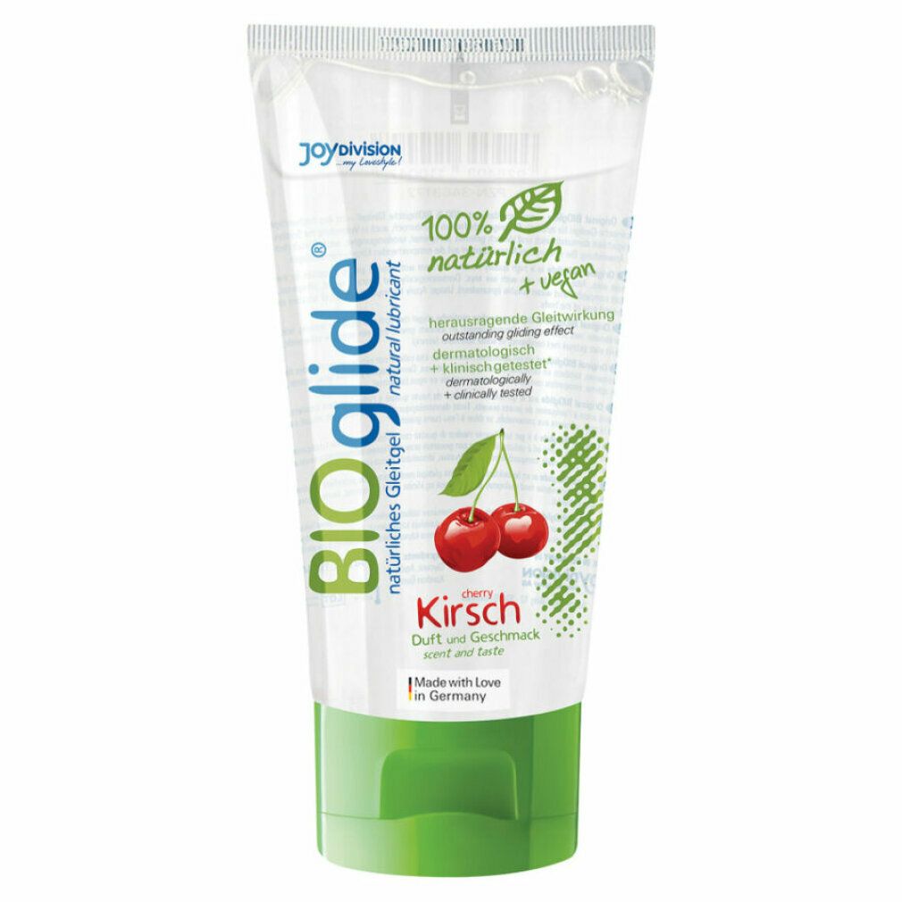 BIOglide Gleitgel Kirsche Tube. Transparent, grün. Kirschen-Abbildung. Text.