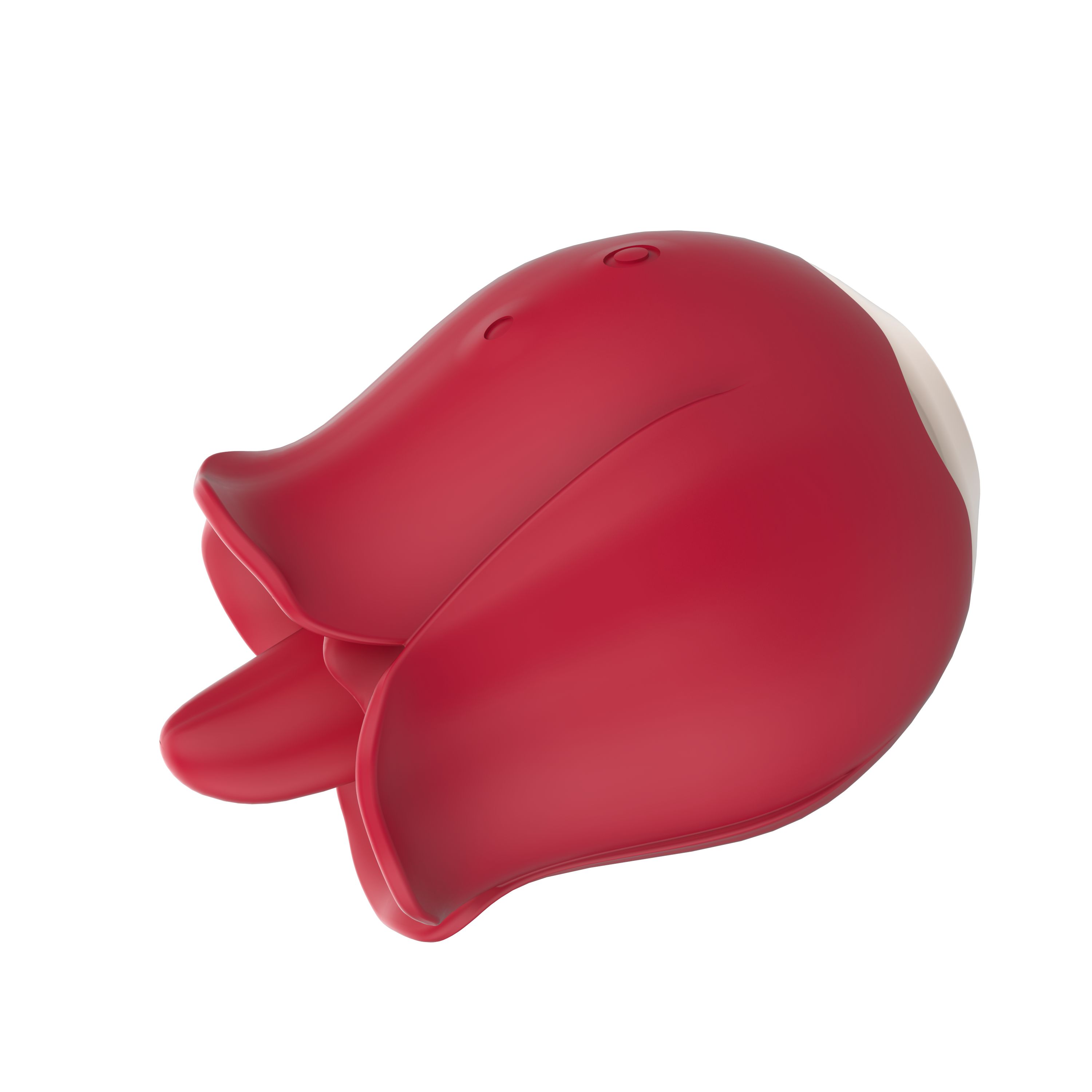 Roter, rosenförmiger Vibrator. Seitenansicht. Drei Knöpfe. Weißer Sockel.