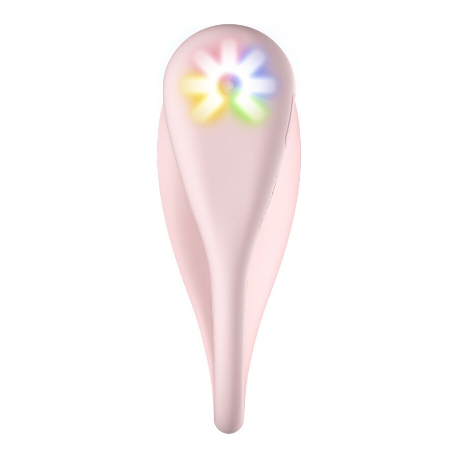 Rosa Auflegvibrator mit blütenförmigem Licht. Oben abgerundet, unten spitz zulaufend.