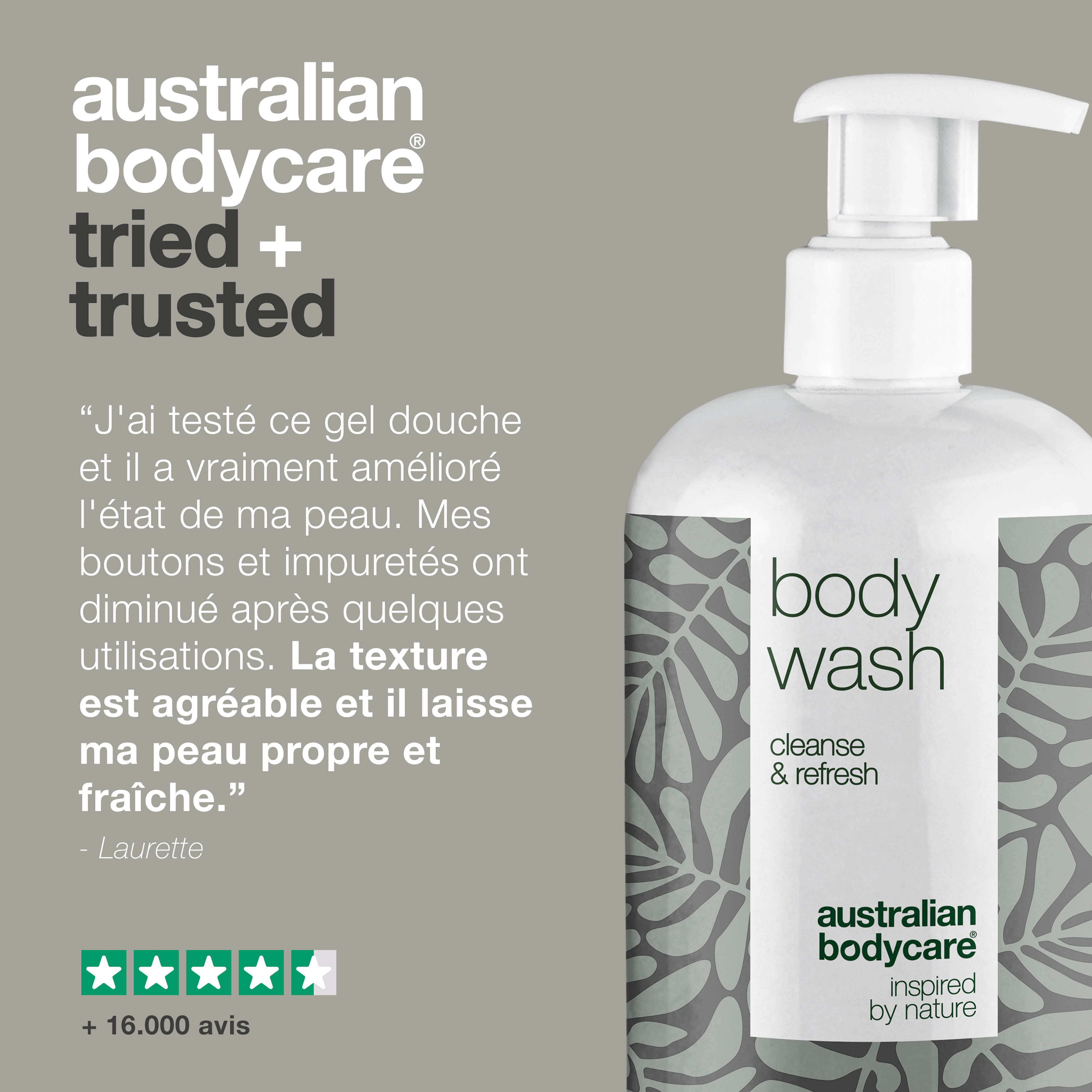 Flacon de gel douche. Texte : Australian Bodycare tried + trusted. Citation et évaluation 5 étoiles.