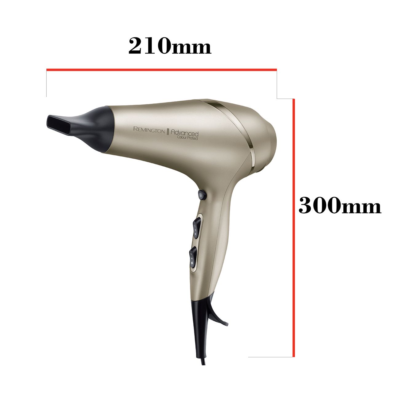 Haartrockner mit Maßen. Goldfarben, schwarze Düse. Abmessungen: 210mm x 300mm. Marke und Modell sichtbar.