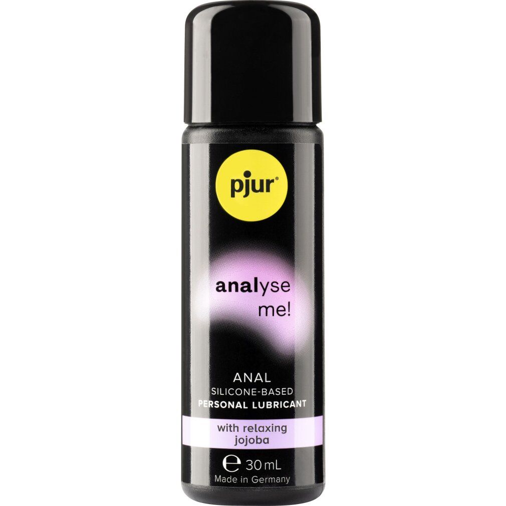 pjur Analyse me! Anal Gleitgel, Flasche mit schwarzem Deckel. Aufschrift: ANAL SILICONE-BASED PERSONAL LUBRICANT, jojoba.