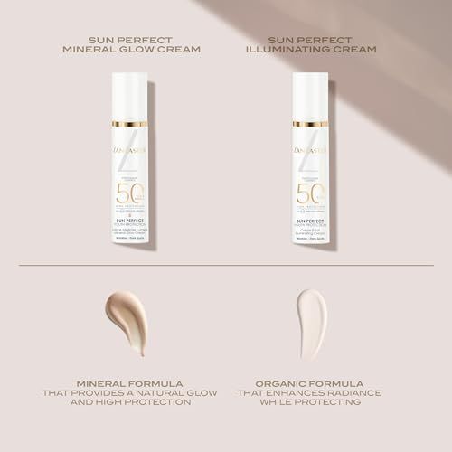 Frau mit Lancaster Sun Perfect Illuminating Cream SPF50, zeigt Hautverbesserungen.