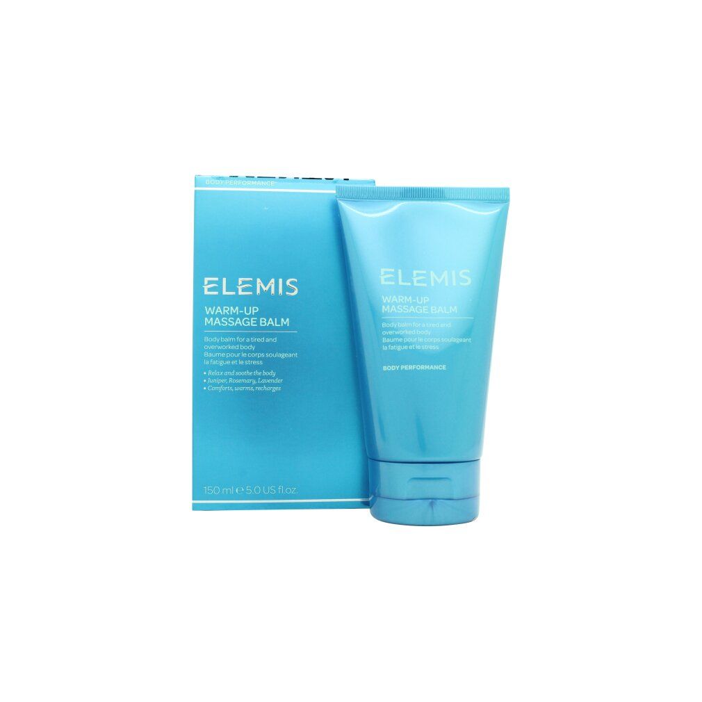 Blaues Produkt mit Verpackung. Aufschrift: Elemis, Warm-Up Massage Balm. Box mit Text und Logo. Tube mit Schraubverschluss.