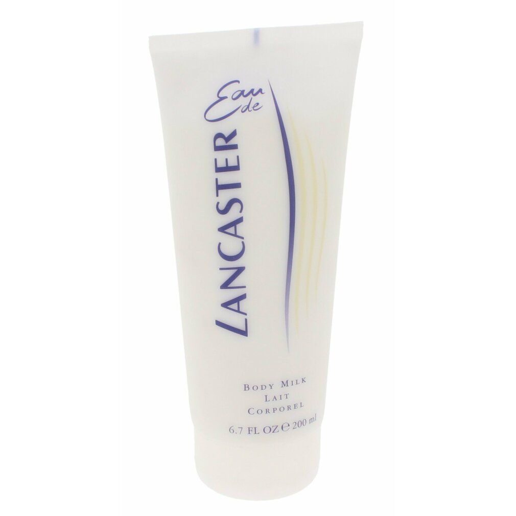 Weiße Tube mit blauer Aufschrift "Lancaster Eau de Lancaster Body Milk". Text in Englisch und Französisch. 6.7 FL OZ e 200 ml.