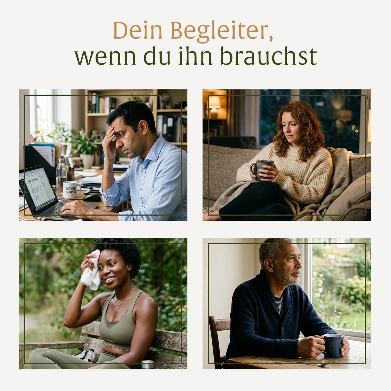 Collage von vier Personen in verschiedenen Alltagssituationen, die Stress oder Müdigkeit zeigen.