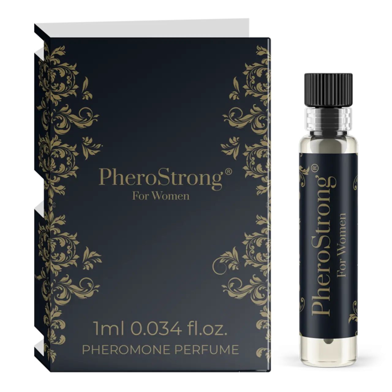 Dunkelblaue Schachtel und Flakon. Aufschrift PheroStrong For Women. Flakon mit schwarzem Verschluss. 1ml 0.034 fl.oz. Pheromon-Parfüm.