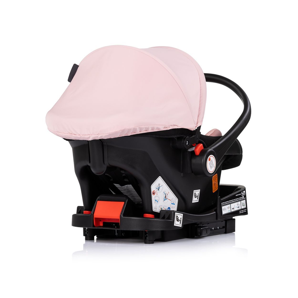 Baby-Autositzschale in Schwarz mit beiger Einlage und grauem Verdeck, Frontansicht.