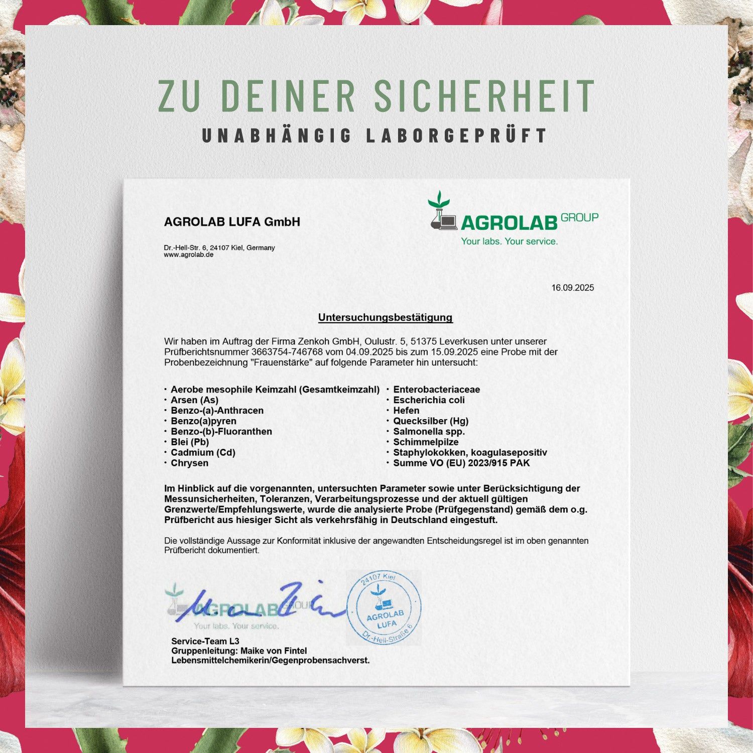 Zertifikat von AGROLAB LUFA GmbH. Text: Unabhängig laborgeprüft. Unterschriften und Stempel. Analyseergebnisse.