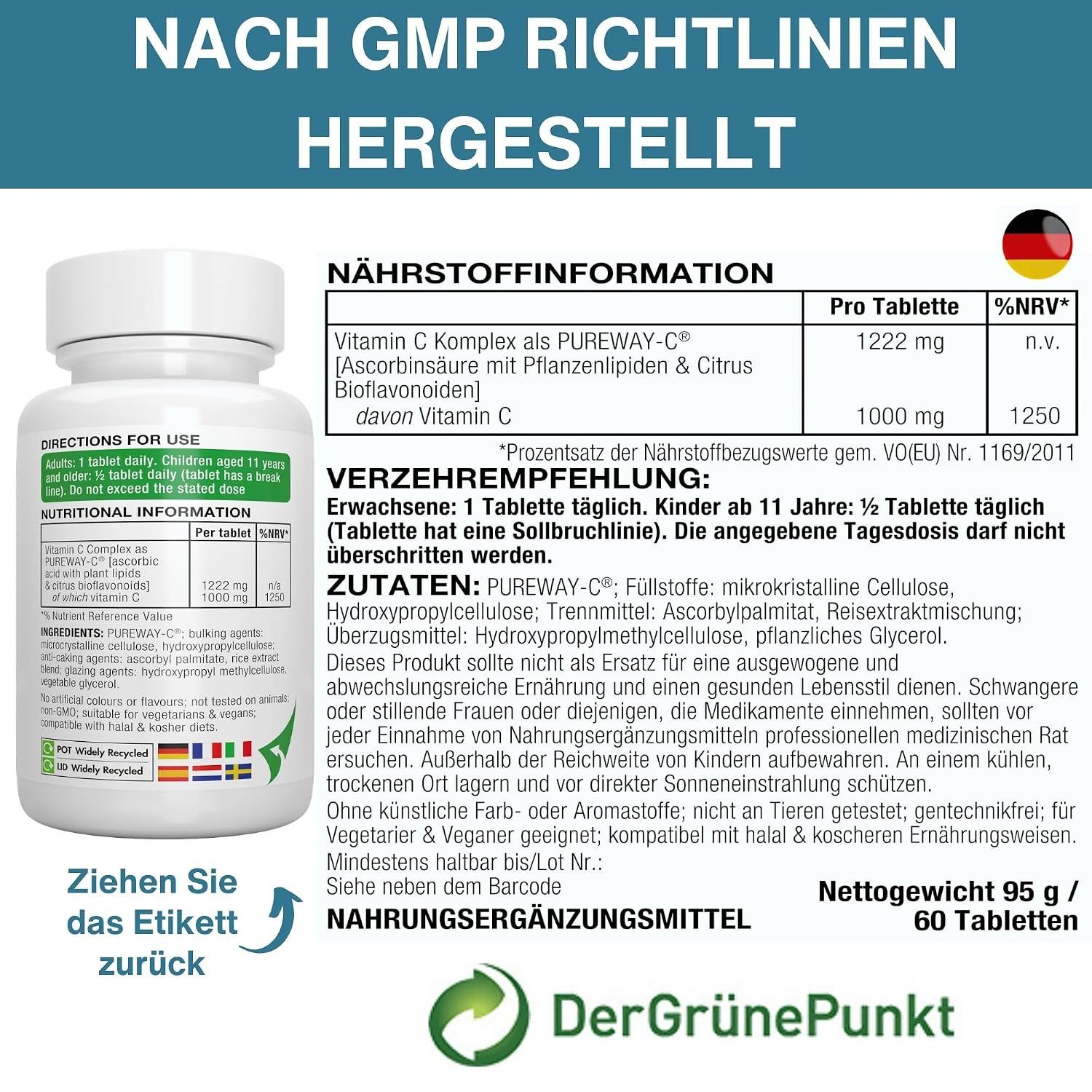 Flasche mit Vitamin C Tabletten, umgeben von Zitrusfrüchten und Papaya.