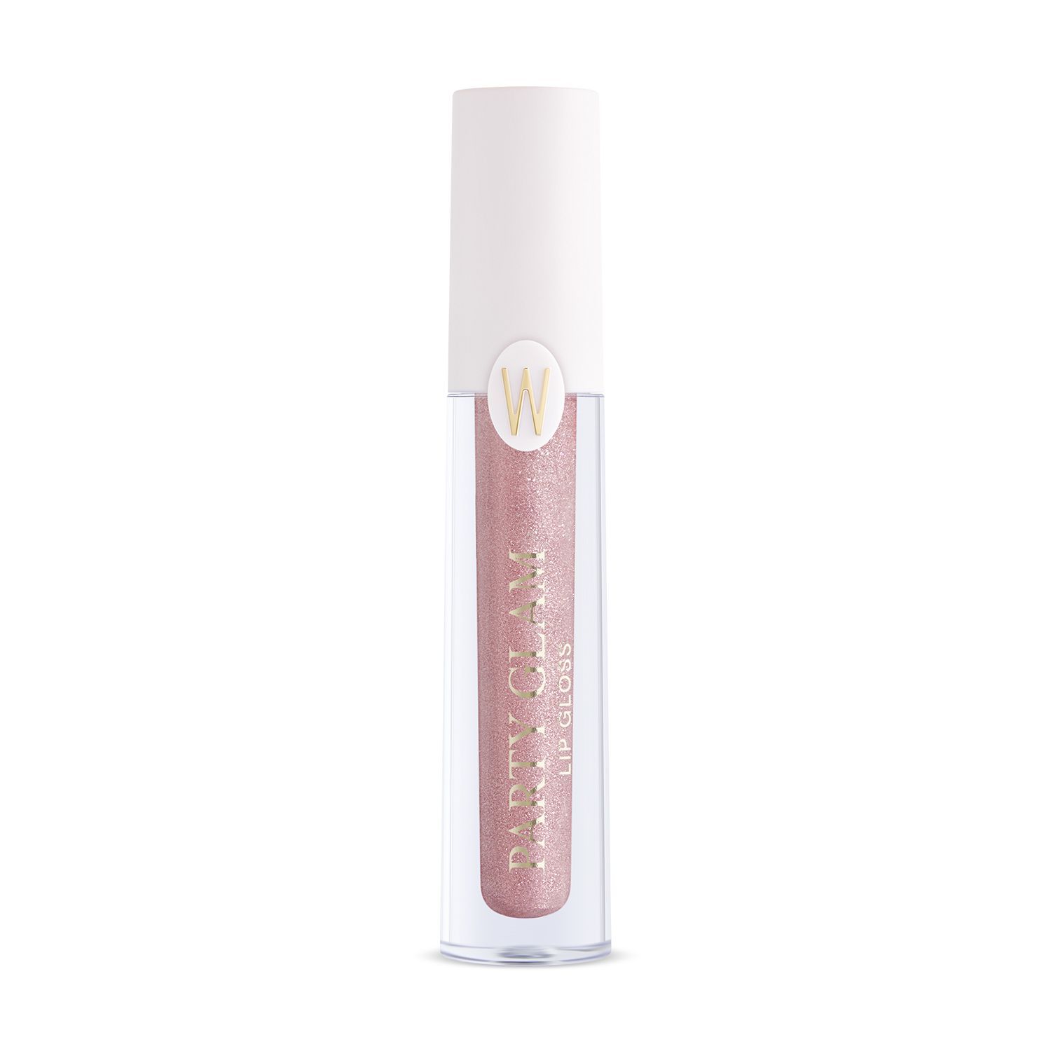 Lucidalabbra rosa in un tubetto trasparente con tappo bianco. Sul tubetto è scritto "PARTY GLAM LIP GLOSS".