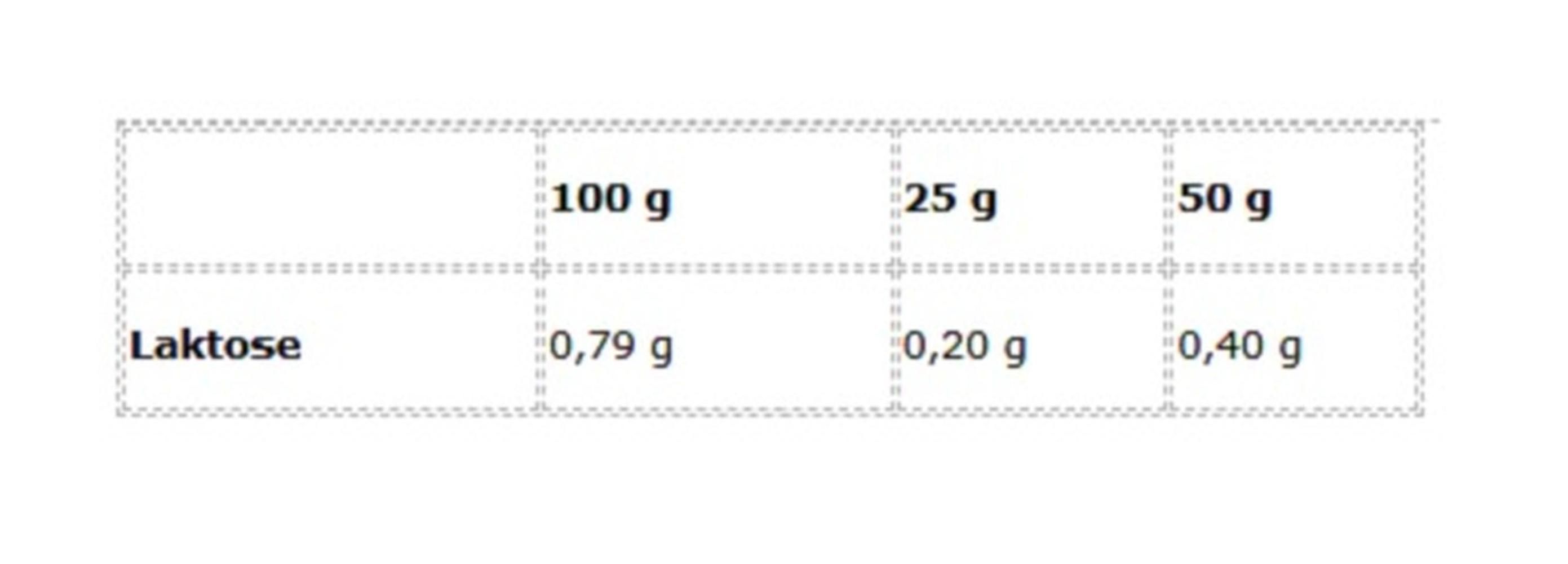 Tabelle mit Nährwertangaben. Zeigt Laktosegehalt pro 100g, 25g und 50g. Text in deutscher Sprache.