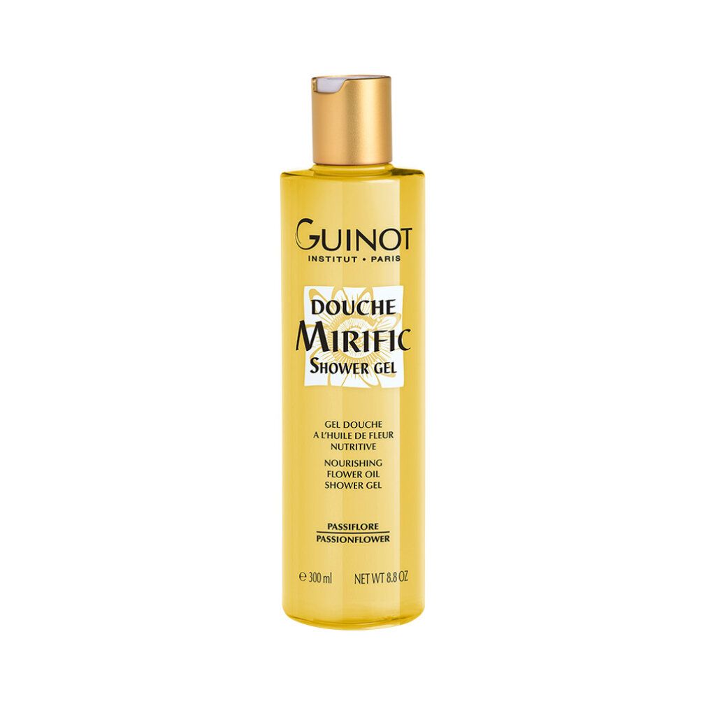 Guinot Mirific Shower Gel. Gelbe Flasche mit goldenem Deckel. Produktname und Details auf dem Etikett.