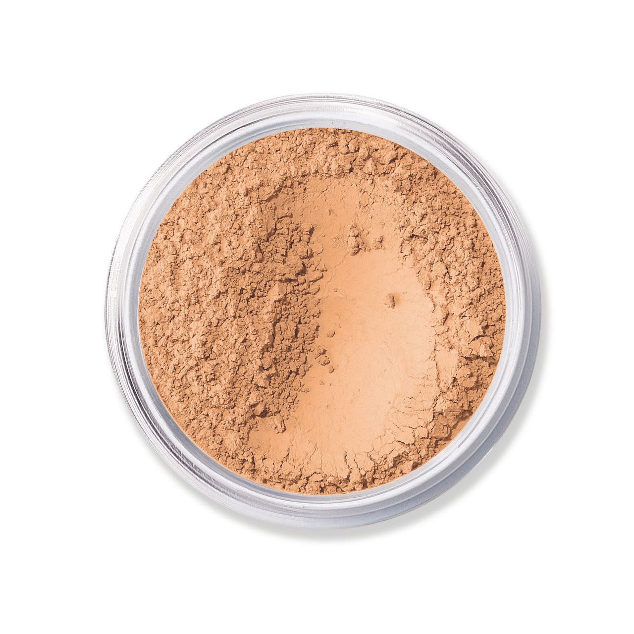 Beige Puder in einem transparenten Behälter. Der Behälter ist rund und hat einen Deckel. Der Puder ist fein und hat eine helle Farbe.