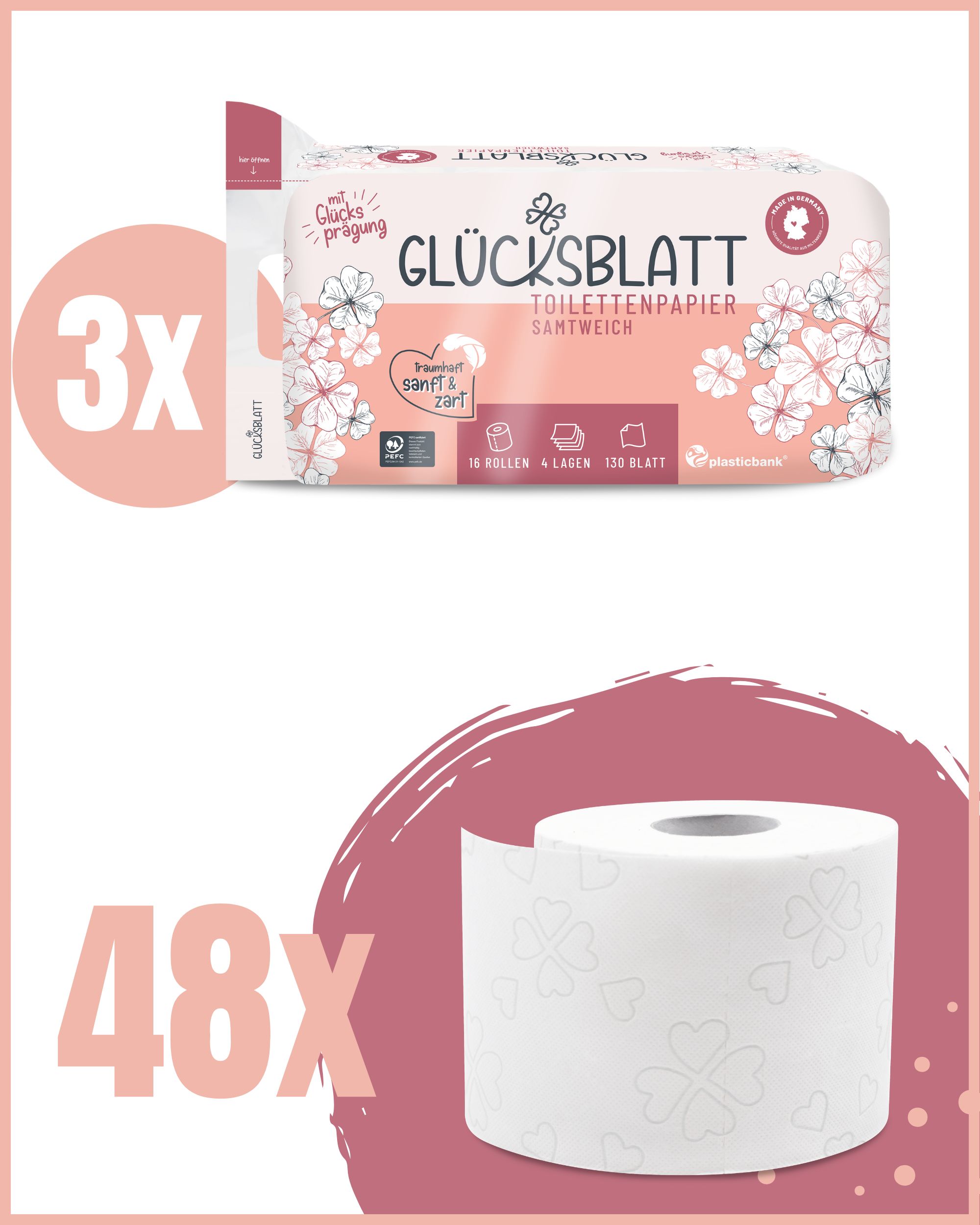 Packung Glücksblatt Toilettenpapier Sanftweich mit 3x48 Rollen. Einzelne Rolle mit Kleeblattmuster.