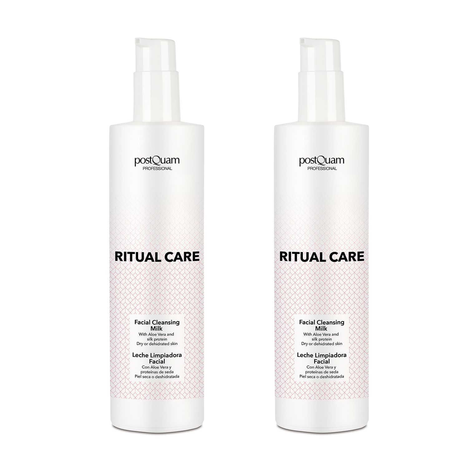 Zwei weiße Flaschen mit Pumpe. Aufschrift: Postquam, Ritual Care, Facial Cleansing Milk. Für trockene Haut.