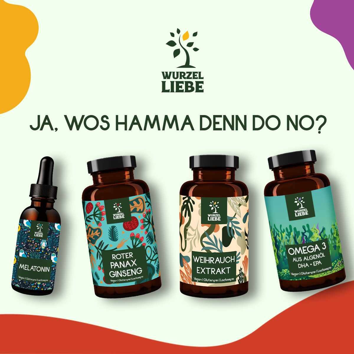Vier Flaschen. WURZELLIEBE® Produkte: Melatonin, Roter Panax Ginseng, Weihrauch Extrakt, Omega 3. Braune Glasflaschen mit schwarzen Deckeln.