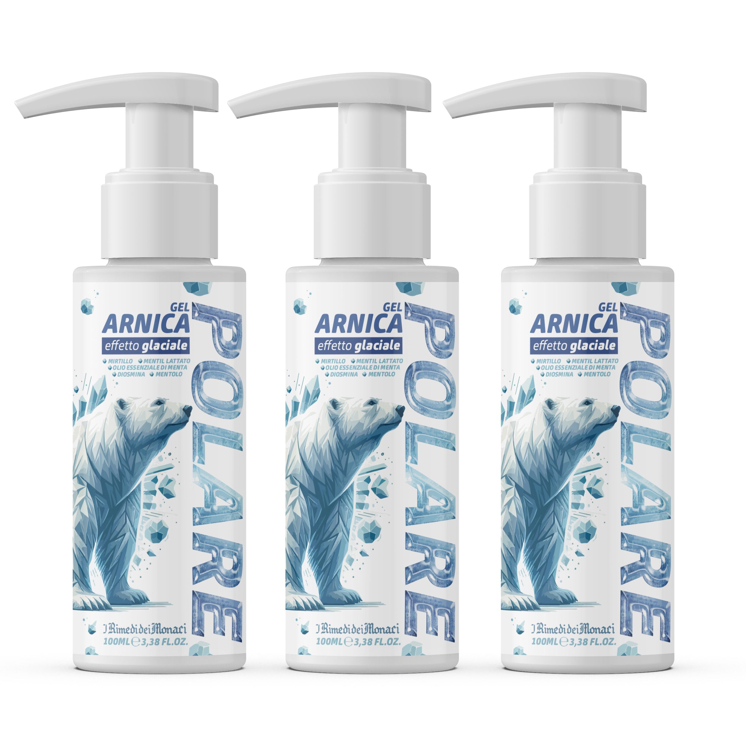 Drei weiße Flaschen mit Pumpaufsatz. Auf jeder Flasche steht "GEL ARNICA effetto glaciale" und ein Eisbär-Motiv.