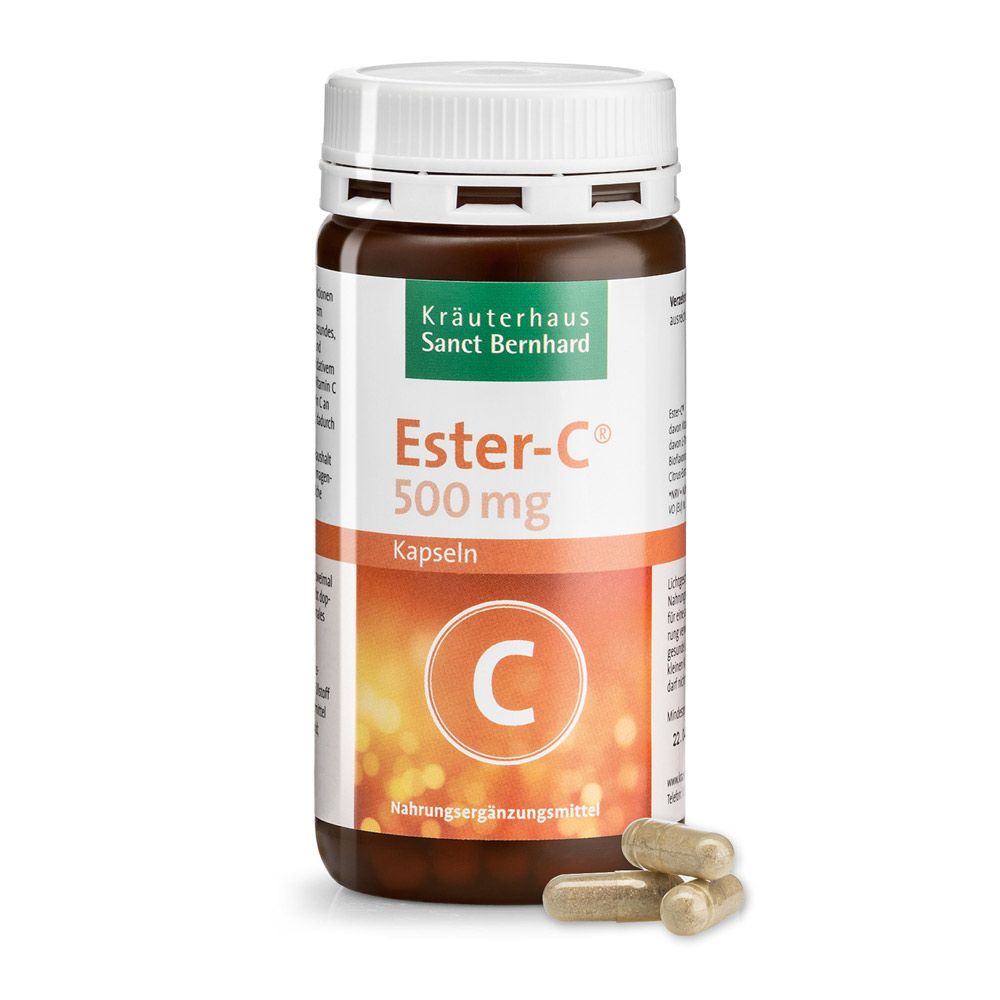 Braune Flasche mit weißen Deckel. Etikett mit Produktnamen, Dosierung und Vitamin C-Symbol. Einige Kapseln liegen daneben.