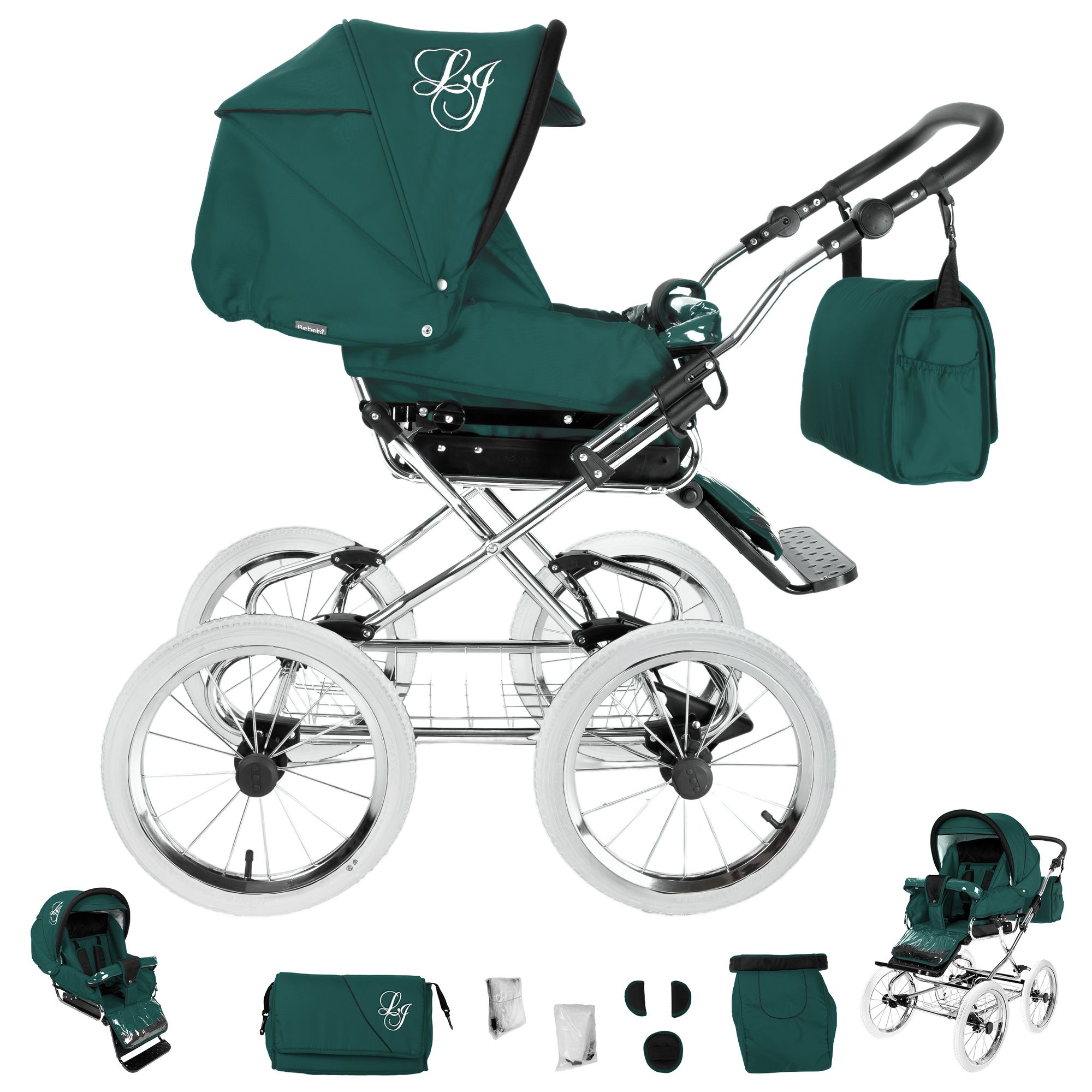 Bebebi Loving 3 in 1 Nostalgie Kinderwagen Set mit Original Maxi Cosi, Green Tender Peak