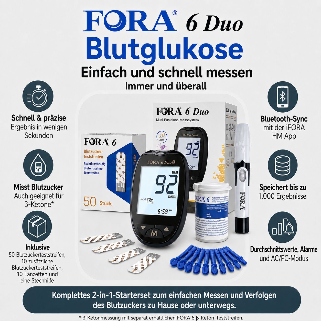 FORA 6 Duo Blutzuckermessgerät: Schnelle Messergebnisse, Bluetooth-Sync, Speicherung von 1.000 Ergebnissen.
