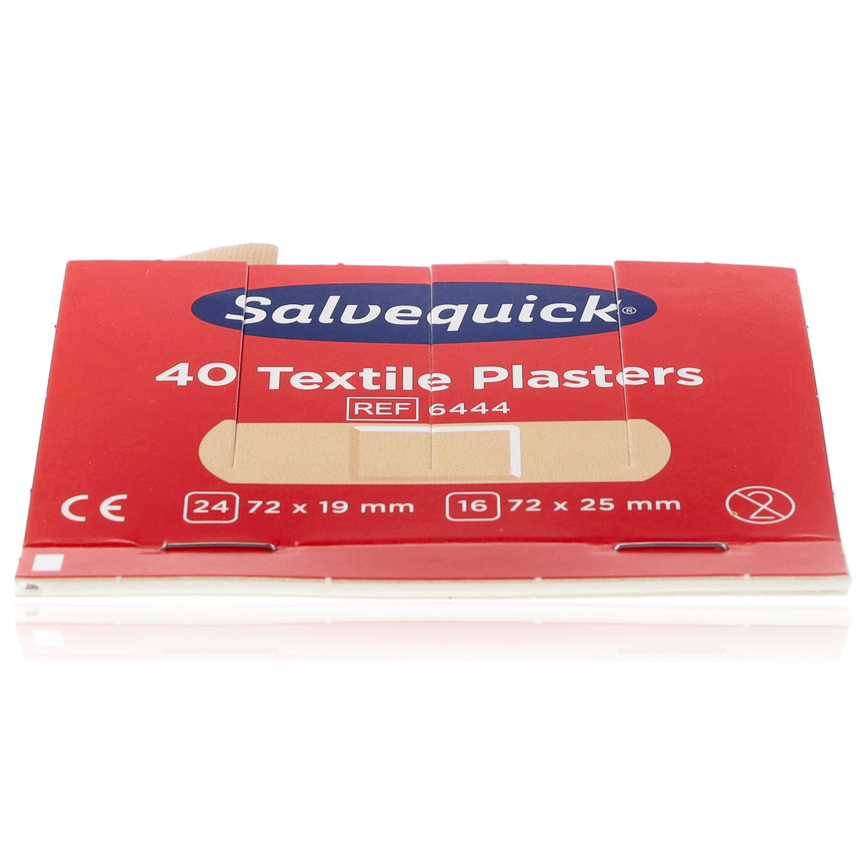 Salvequick-Pflasterpackung, flach. Rote Verpackung mit 40 Textilpflastern, REF 6444. Größenangaben und CE-Kennzeichnung.