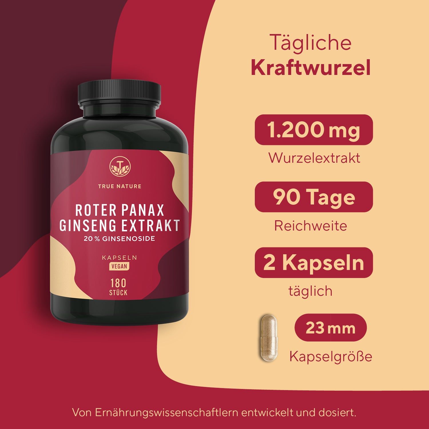 Schwarze Flasche mit rotem Etikett. Text: Roter Panax Ginseng Extrakt, 20% Ginsenoside, Kapseln, 180 Stück. Vegan.