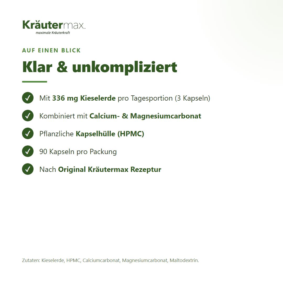 Übersicht der Kräutermax Kieselerde Kapseln: 336 mg, Calcium/Magnesium, pflanzliche Hülle, 90 Kapseln.