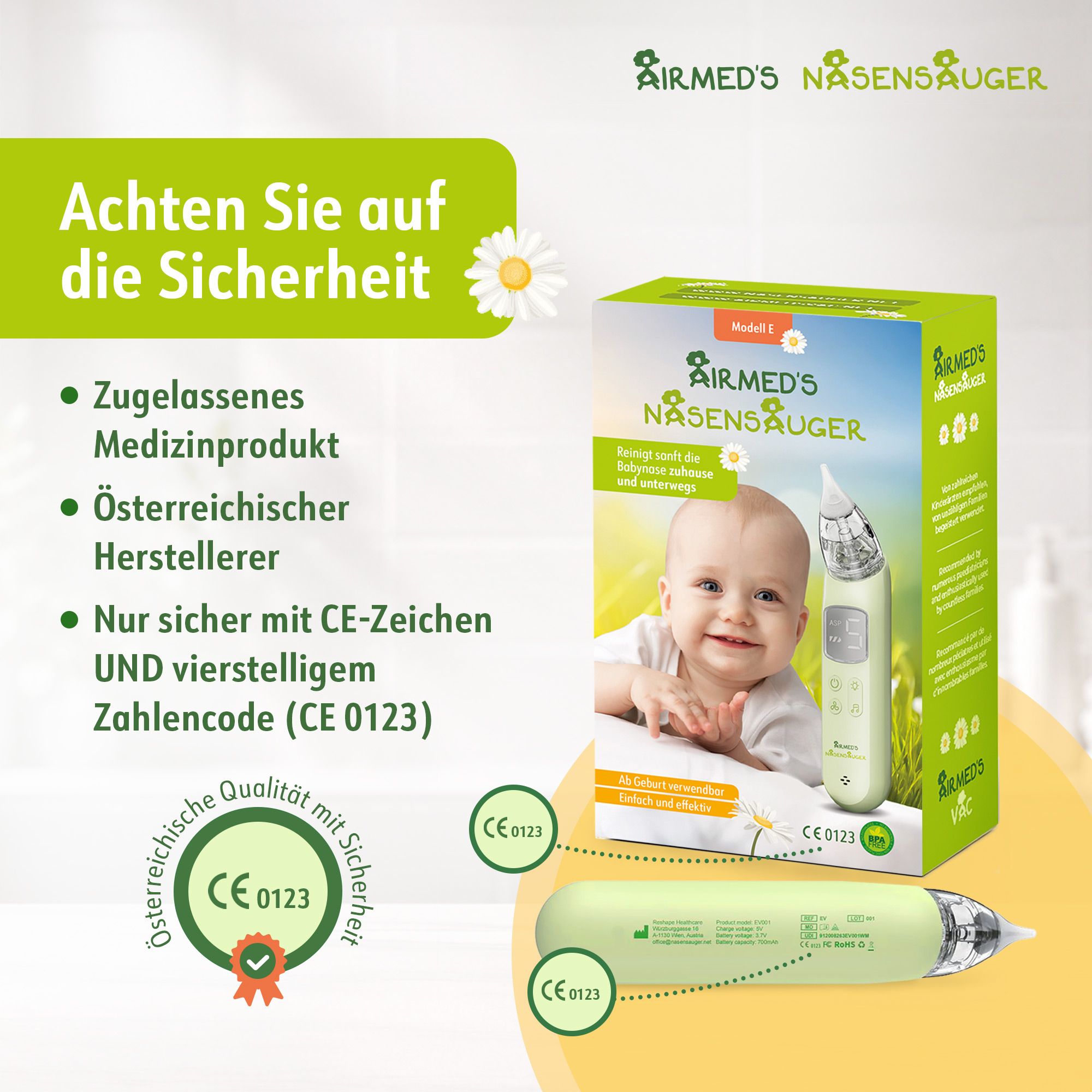 Grüner Nasensauger mit CE 0123 Zeichen und österreichischem Siegel. Verpackung mit Babyabbildung.